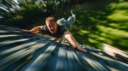 A man falls or falls off a roof while trying to repair the roof.