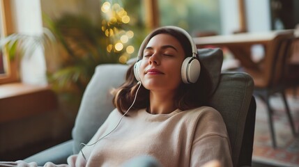 Young woman wearing headphones relaxing at home listening to music on the sofa