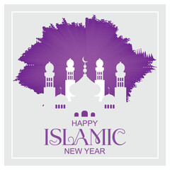 Happy Islamic New Year with a mosque silhouette. Purple color on white background. Happy New Hijri Year concept. Flat vector illustration.