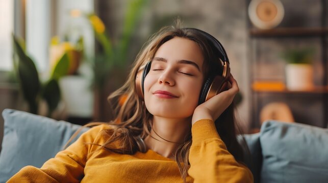 Young woman wearing headphones relaxing at home listening to music on the sofa