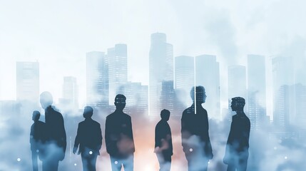 Businessman silhouettes on creative city background