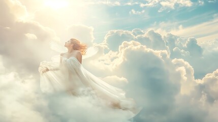 Goddess flying on white clouds