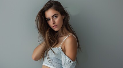 Close-up of a beautiful woman's face, grey background.
