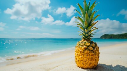 Close-up of pineapple on white sandy beach