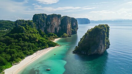 Aerial view of a vast beach and limestone cliffs.