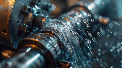 Close-up of CNC lathe equipment with coolant poured in industrial production