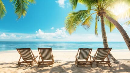 Beach chairs under coconut trees on a clean white sand beach.