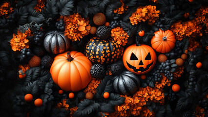 Halloween 3D style flatlay background in black and orange color with a single carved pumpkin or Jack-o-lantern