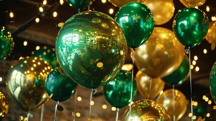 07240954 12. Helium balloons in vibrant green and luxurious gold, filled with sparkling confetti, suspended in mid-air, ideal for event design and special celebrations like birthdays and anniversaries