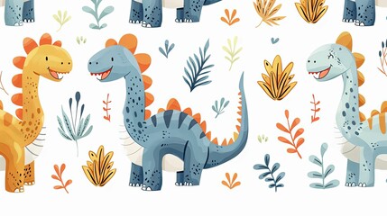 Colorful Cartoon Dinosaurs with Floral Pattern