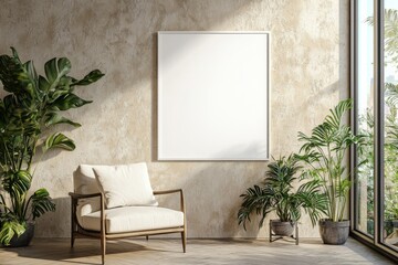 Poster Frame in Beige minimalist living room interior created with generative AI