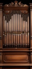 A beautifully crafted wooden organ with intricate details and polished pipes, perfect for music lovers and vintage decor enthusiasts.