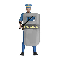 Professional 3D Cartoon Cop. A male police officer stands with his right hand holding a riot shield while his right hand holds a tonfa. Male Law Expert