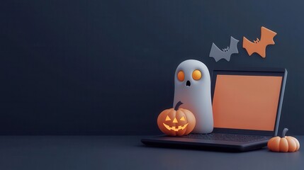 Halloween email marketing campaign, laptop with spooky newsletter design, 3D illustration