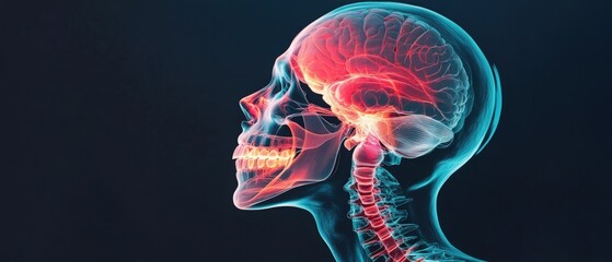 A detailed anatomical illustration of a human skull showing brain structure, spinal column, and neural connections.