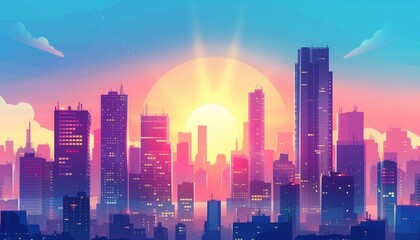 Fototapeta premium Soaring skyscrapers in a vibrant city. Futuristic metropolis. Cyberpunk city. Neon nightscape. Cartoon 2d illustration background