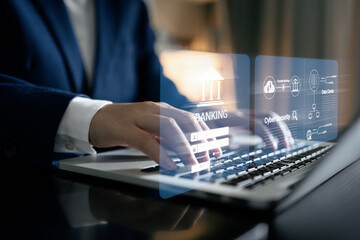 Businesswomen use laptop connect to login digital banking application, smart fintech, exchange currency, Finance innovation technology online, financial and investment, cybersecurity concept.