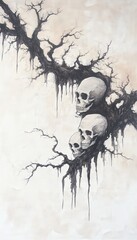 A haunting artwork featuring skulls and eerie branches, ideal for themes of mortality and the macabre.