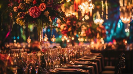 Beautiful romantic retro styled event setup for large party