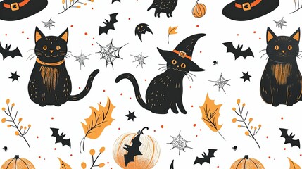 Halloween Seamless Pattern with Black Cats, Bats, Pumpkins, and Spiderwebs