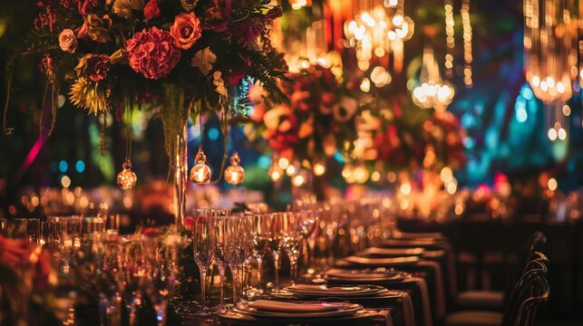 Beautiful romantic retro styled event setup for large party