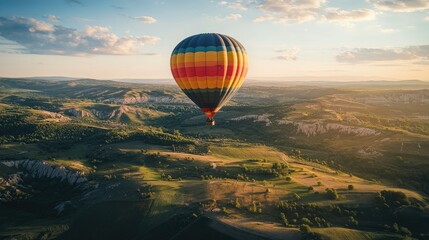 Obraz premium A single, brightly colored balloon flying over a scenic countryside landscape, capturing the freedom and beauty of outdoor adventure.