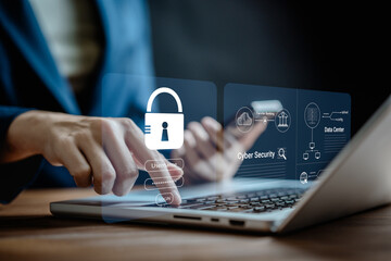 Internet network cybersecurity concept, data privacy protection from malicious attacks, digital information technology security, user accessing the laptop screen displays login of security information