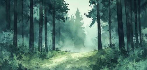 Obraz premium A serene forest pathway enveloped in mist, offering a tranquil escape into nature's beauty and mystery.