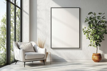 Poster Frame in Beige minimalist living room interior created with generative AI