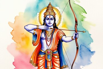 Fototapeta premium Captivating Watercolor Art of Spiritual Deity with Bow and Arrow Honoring Indian Cultural Heritage