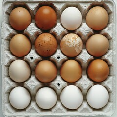 07240954 45. A carton holding an even mix of fresh brown and white eggs, with each egg nestled securely in its compartment