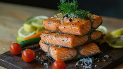 A stack of fresh salmon fish fillets with a sprinkling of sea salt, black pepper, and fresh dill, accompanied by steamed vegetables for a delicious and nutritious dish