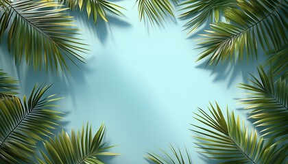 Fototapeta premium Circular arrangement palm leaves copy space isolated soft blue background