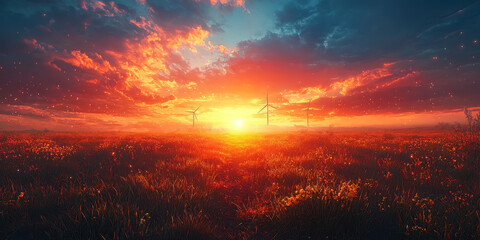 Fototapeta premium A fiery sunset paints the sky above a field of wildflowers, with wind turbines silhouetted against the horizon.