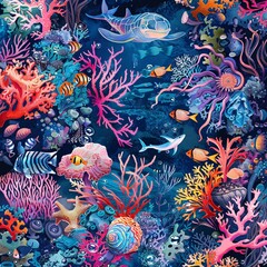 07240954 55. A dynamic PNG underwater painting pattern, featuring a lively array of sea creatures and vibrant coral structures