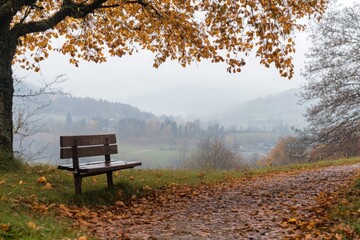 A tranquil autumn scene featuring a wooden bench under a tree with fallen leaves, ideal for peaceful reflections and nature views.