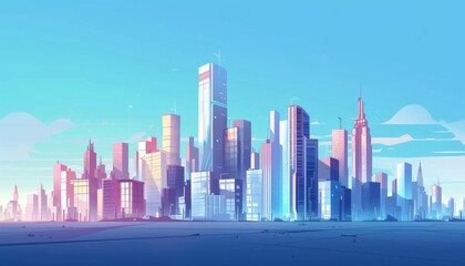 Obraz premium Soaring skyscrapers in a vibrant city. Futuristic metropolis. Cyberpunk city. Neon nightscape. Cartoon 2d illustration background
