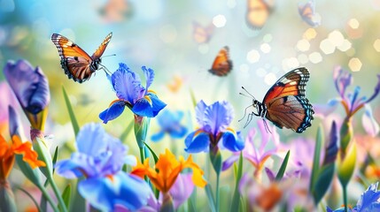 07240954 71. A picturesque scene featuring butterflies fluttering around blooming irises, showcasing the beauty of nature with ample copy space for travel and art enthusiasts © Sinechana