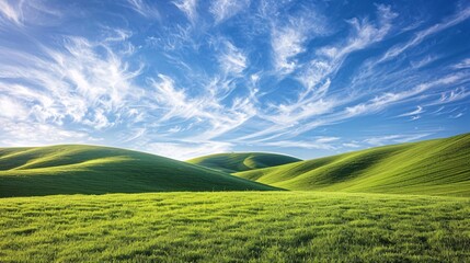 07240954 77. Rolling green hills covered in lush grass stretching into the distance, a brilliant azure sky overhead with a few wisps of cirrus clouds, sunlight casting soft shadows across the