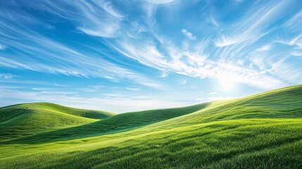 Obraz premium 07240954 77. Rolling green hills covered in lush grass stretching into the distance, a brilliant azure sky overhead with a few wisps of cirrus clouds, sunlight casting soft shadows across the