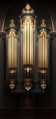 An ornate pipe organ with golden pipes and intricate details, showcasing exquisite craftsmanship and refined design in a serene setting.