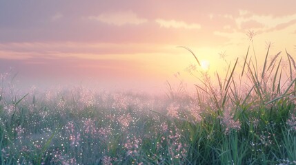 Obraz premium 07240954 79. Serene grassland at sunrise with dew-covered grass shimmering in the early light, a sky painted with soft pink and orange hues, and a few scattered wildflowers adding pops of color