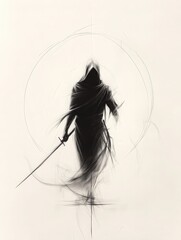 Fototapeta premium Mysterious hooded figure wielding a sword, embodying the essence of stealth and silence in a darkened, ethereal atmosphere.