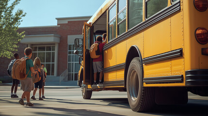 Children get off the school bus