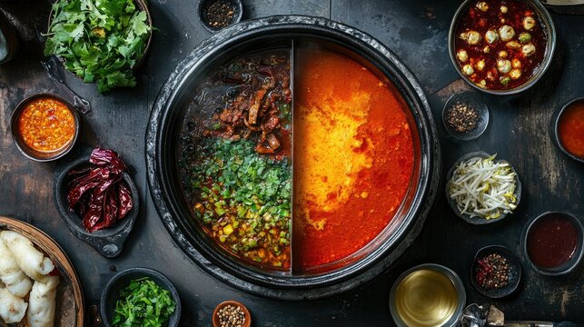 A top-down view of a traditional Chongqing hot pot, with two sections: a spicy butter broth and a milder one, surrounded by dipping sauces and condiments