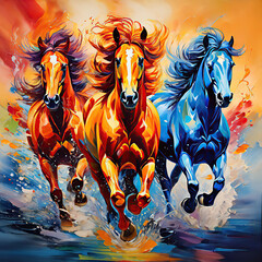 Horses in a brightly colored abstract, closeup