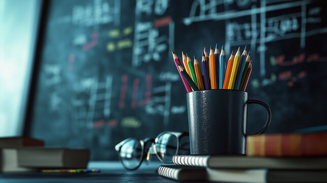 A cup filled with colored pencils sits on a stack of books, set against a blackboard filled with mathematical formulas. In the background, there are glasses and a pencil