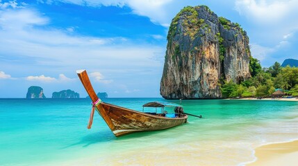Obraz premium A traditional long-tail boat floating near the limestone rocks on a secluded beach in Krabi, with soft white sand and vibrant blue-green water