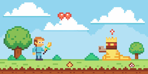 Pixel Art Game Scene: Knight vs. Dragon with Princess and Health Bar