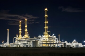 Nighttime View of Brightly Lit Oil Refinery and Petrochemical Plant Against Dark Sky